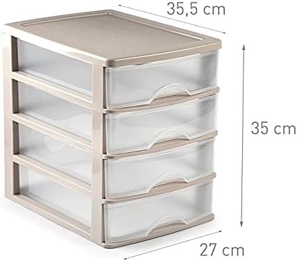 Plastic Desktop Storage Unit with Drawers, Stationary Arts Drawer Desktop Tabletop Organiser Storage Tower Unit for Office Bedroom Garage ((35.5 x 27 x 35cm - Taupe with 4 Clear Drawers)) - Image 2