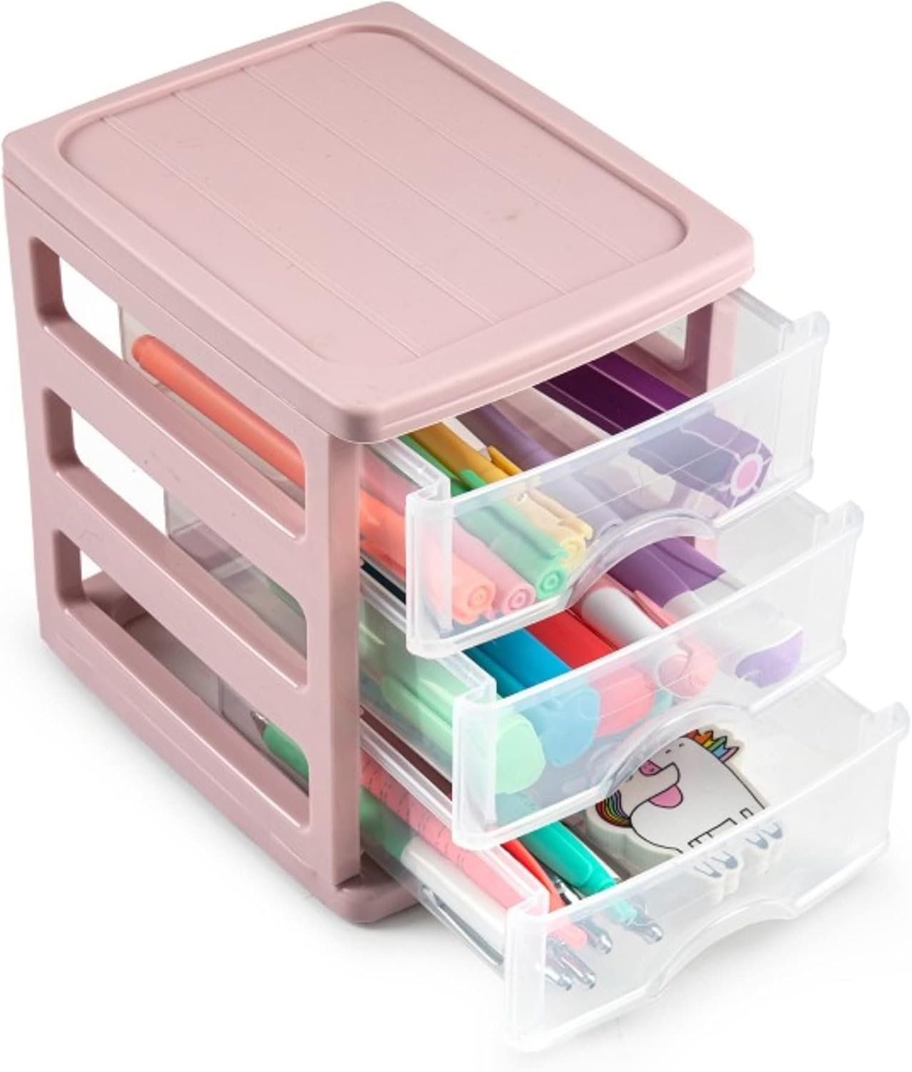 Plastic Desktop Storage Unit with Drawers, Stationary Arts Drawer Desktop Tabletop Organiser Storage Tower Unit for Office Bedroom Garage ((17 x 13.5 x 17cm, Pink with 3 Clear Drawers)) - Image 4