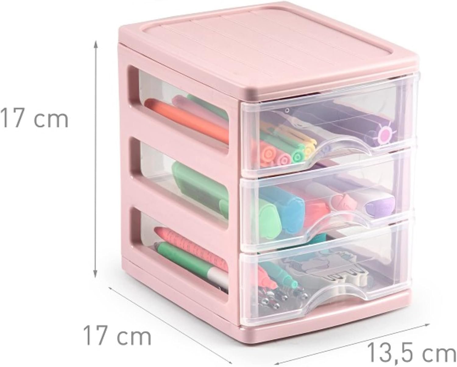 Plastic Desktop Storage Unit with Drawers, Stationary Arts Drawer Desktop Tabletop Organiser Storage Tower Unit for Office Bedroom Garage ((17 x 13.5 x 17cm, Pink with 3 Clear Drawers)) - Image 2