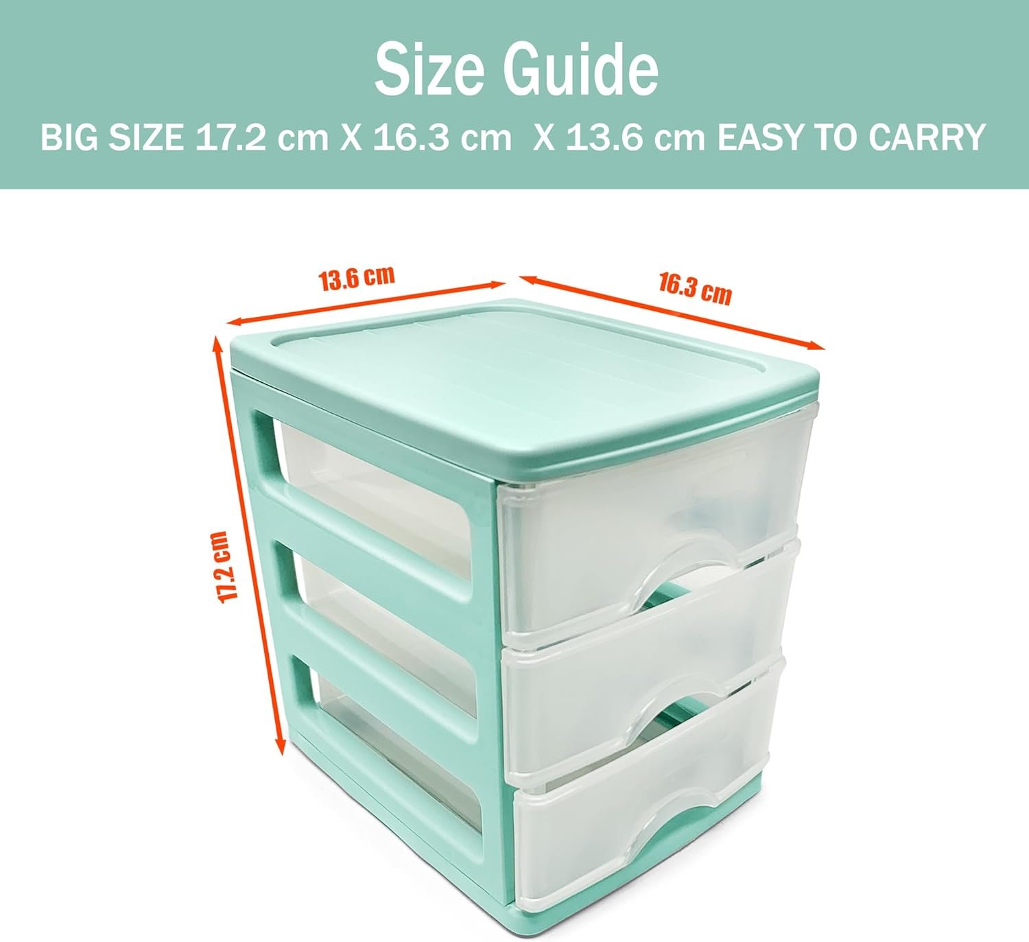 Plastic Desktop Storage Unit with Drawers, Stationary Arts Drawer Desktop Tabletop Organiser Storage Tower Unit for Office Bedroom Garage ((17 x 13.5 x 17cm, Mint Green with 3 Clear Drawers)) - Image 2