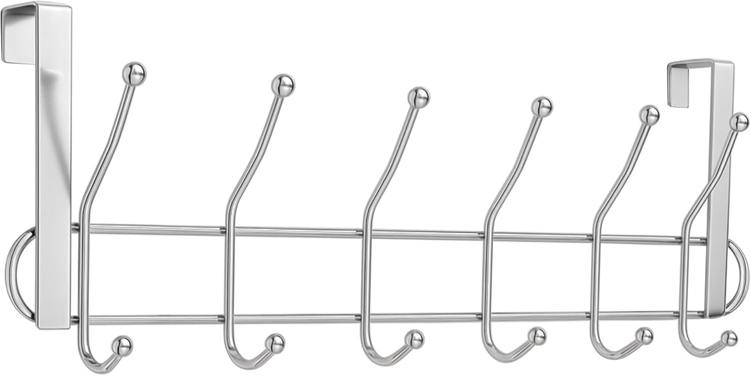 Coat Hangers - Over The Door Hooks - Chrome Heavy Duty Door Hanger for Coats Robes Hats Clothes Towels - Hanging Towel Rack Organizer - Easy Install Space Saving Bathroom Hooks