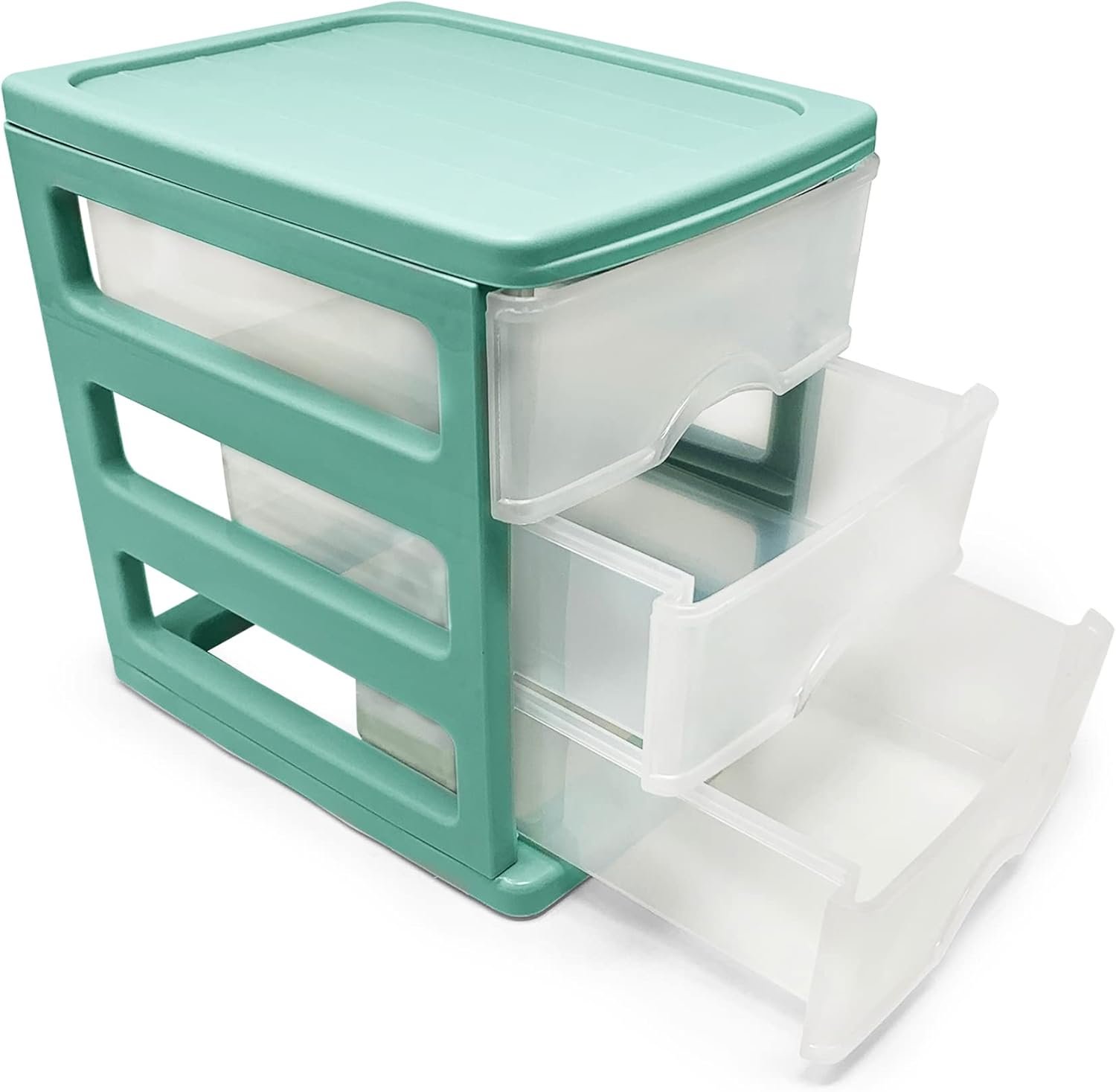 Plastic Desktop Storage Unit with Drawers, Stationary Arts Drawer Desktop Tabletop Organiser Storage Tower Unit for Office Bedroom Garage ((17 x 13.5 x 17cm, Mint Green with 3 Clear Drawers)) - Image 3