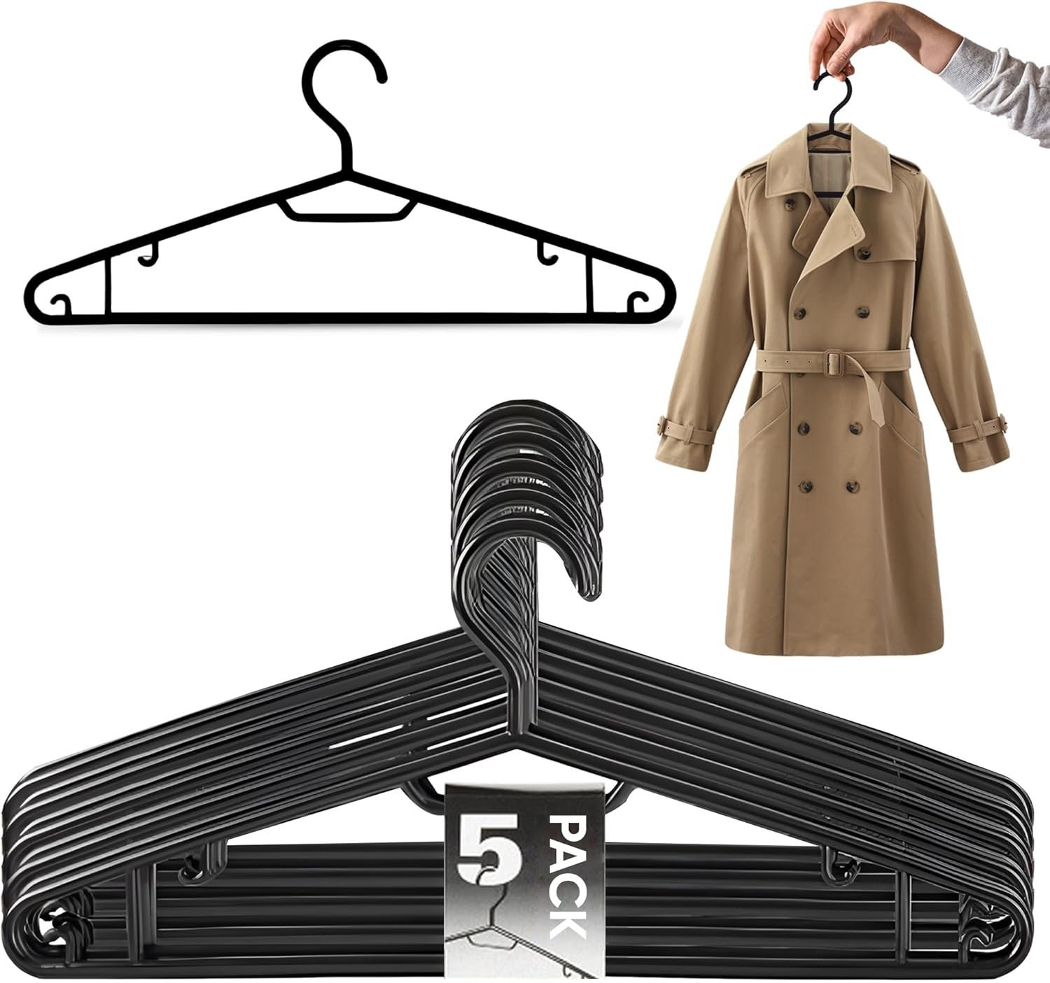 Clothes Hanger Coat Premium Quality Strong Plastic Non-slip Hangers (Black)