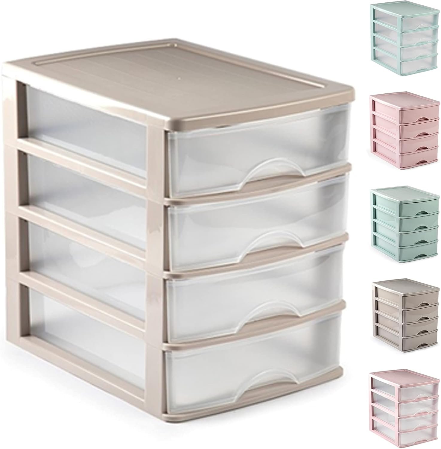 Plastic Desktop Storage Unit with Drawers, Stationary Arts Drawer Desktop Tabletop Organiser Storage Tower Unit for Office Bedroom Garage ((35.5 x 27 x 35cm - Taupe with 4 Clear Drawers))