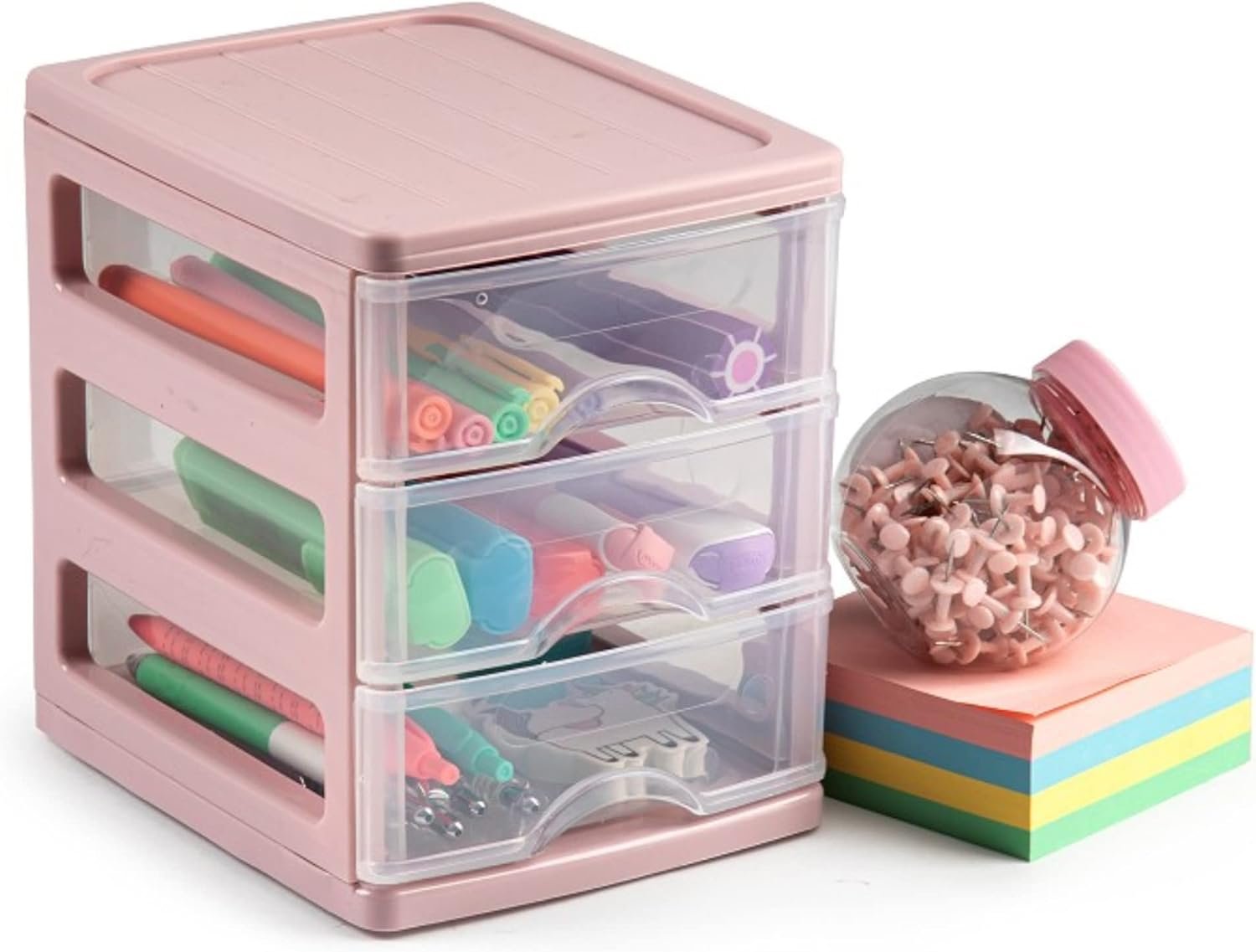 Plastic Desktop Storage Unit with Drawers, Stationary Arts Drawer Desktop Tabletop Organiser Storage Tower Unit for Office Bedroom Garage ((17 x 13.5 x 17cm, Pink with 3 Clear Drawers)) - Image 3