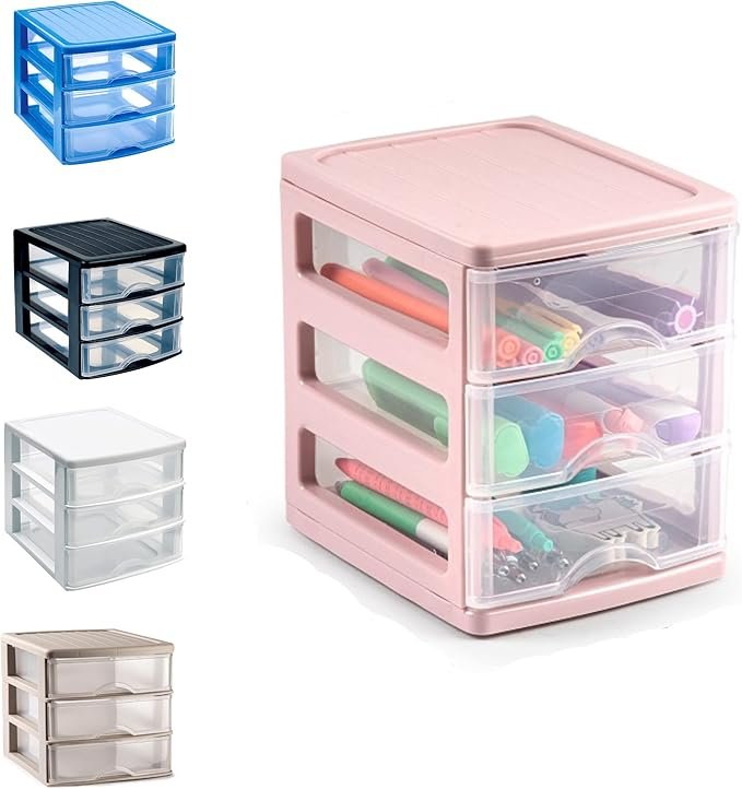 Plastic Desktop Storage Unit with Drawers, Stationary Arts Drawer Desktop Tabletop Organiser Storage Tower Unit for Office Bedroom Garage ((17 x 13.5 x 17cm, Pink with 3 Clear Drawers))