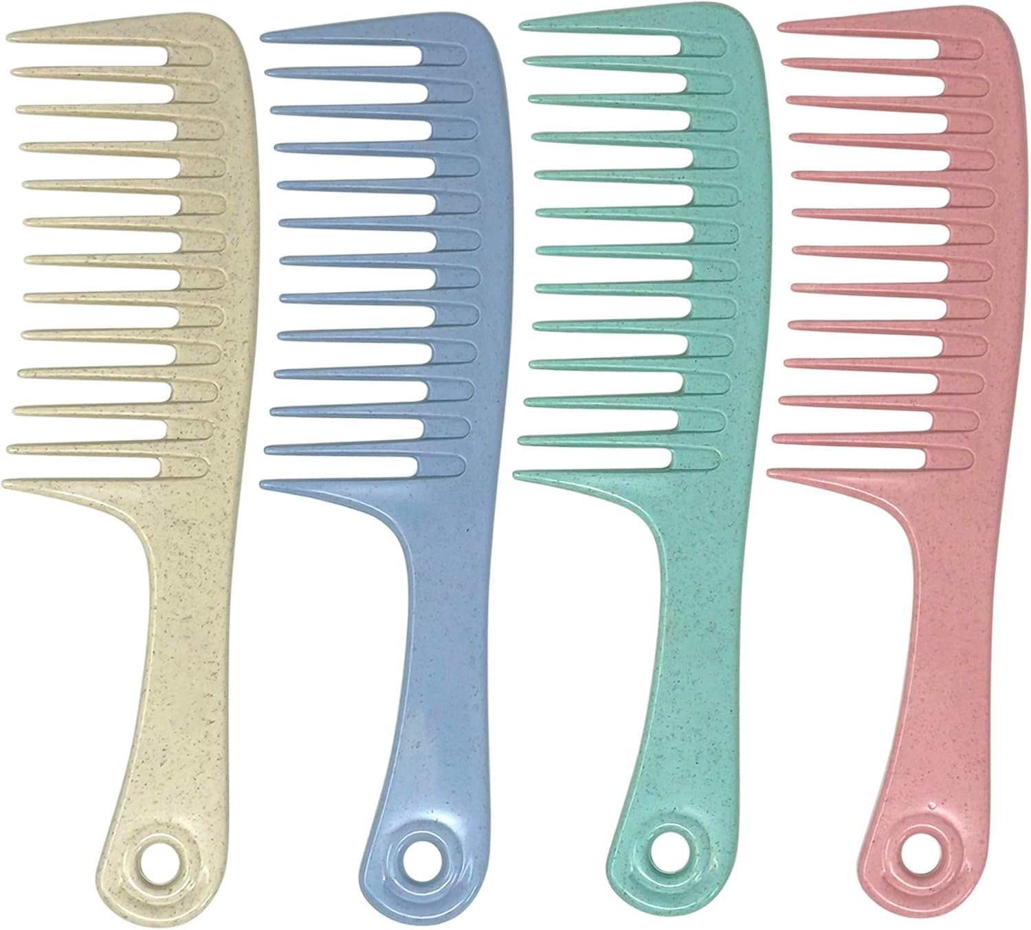 Pack of 4 Wide Tooth Hair Comb Set, Detangling Comb with Handle Hole for Easy Hanging, Durable Plastic Combs for Men and Women, Pastel Colors for Smooth, Frizz-Free Styling