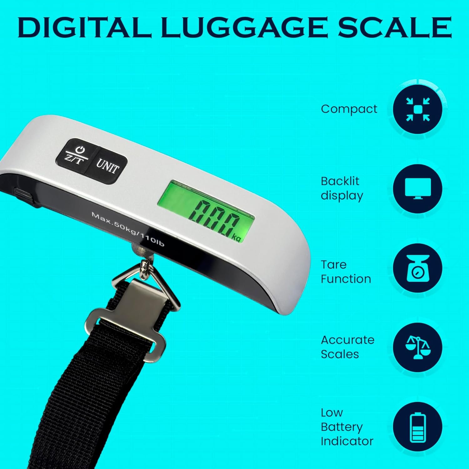 Handheld Portable Digital Luggage Scale with Grip Travel Portable Electronic Weighing Suitcase and Bag Digital Suitcase Weighing Scales (110Lb/50kg - Black) - Image 2