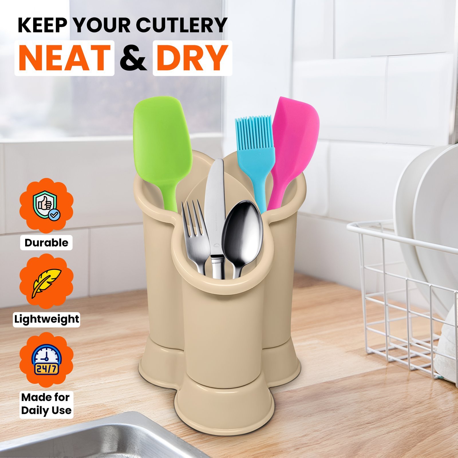 4-Compartment High-Grade Plastic Sink Tidy Cutlery Drainer – Taupe (Design 2) - Image 2