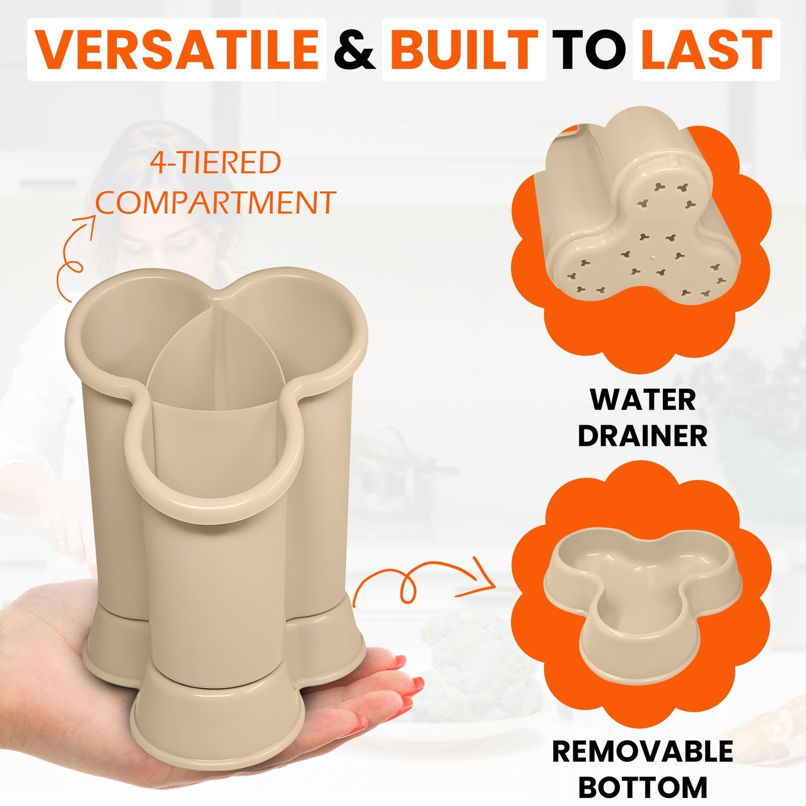 4-Compartment High-Grade Plastic Sink Tidy Cutlery Drainer – Taupe (Design 2) - Image 4
